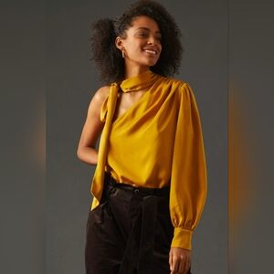 Sunday in Brooklyn Anthropologie Gold One-Shoulder Tie-Neck Blouse